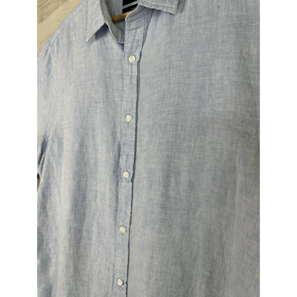 Banana Republic Men's L Tall Blue Linen-Cotton Slim Short Sleeve Button-Up Shirt